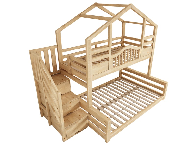 Lit superposé avec escalier rangement et toit triangulaire, sans matelas  - Conforama D