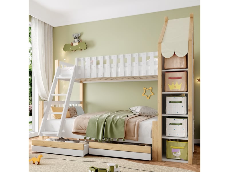  Lit superposé enfant 90x200 et 140x200 cm, 2 tiroirs, blanc et naturel  - Conforama D