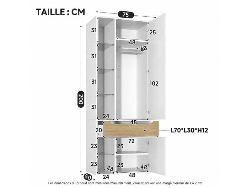  Armoire penderie blanche avec vitrine éclairée led, 1 tiroir, 75 × 50 × 200 cm  - Conforama C