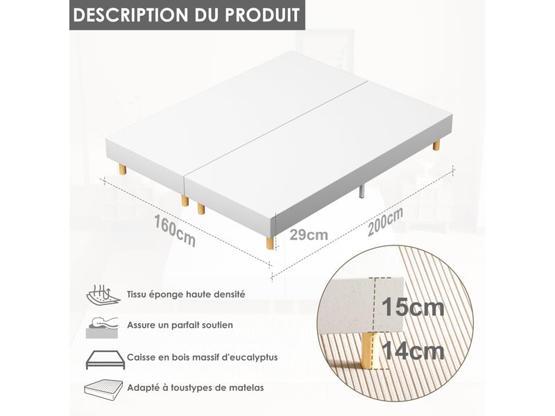  Sommier tapissier 160x200 (2x80x200), 6 pieds*2  - Conforama C