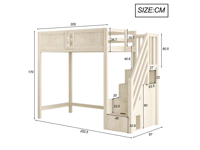  Lit mezzanine enfant 90x200 cm – bois naturel – échelle réversible, rangement latéral - sans matelas  - Conforama C