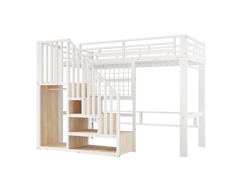 Lit mezzanine 90x200 cm en métal blanc avec escalier rangement, grille et led - Conforama A