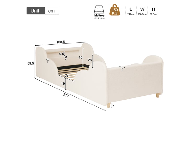  Lit enfant 90 × 200 cm 1 place avec barrière de sécurité, veilleuse, usb et type-c, sans matelas, beige bouclé  - Conforama D