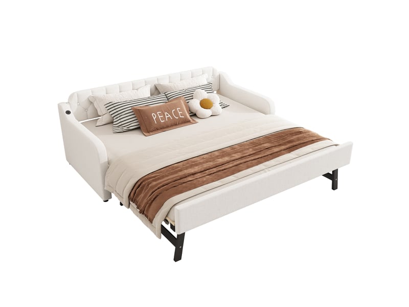 Modenvie lit gigogne 90x200 cm - avec lit d'appoint escamotable, port usb - beige
