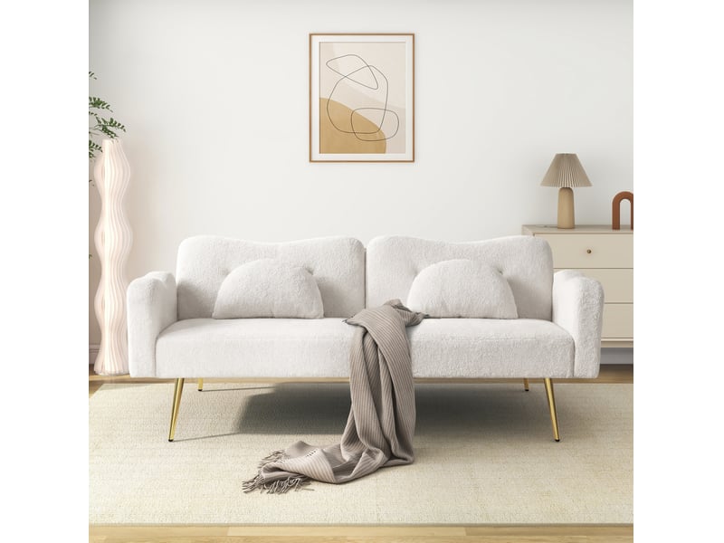 Canapé droit convertible 2 places blanc en tissu bouclette, dossier réglable 3 positions et pieds métal doré - Conforama E