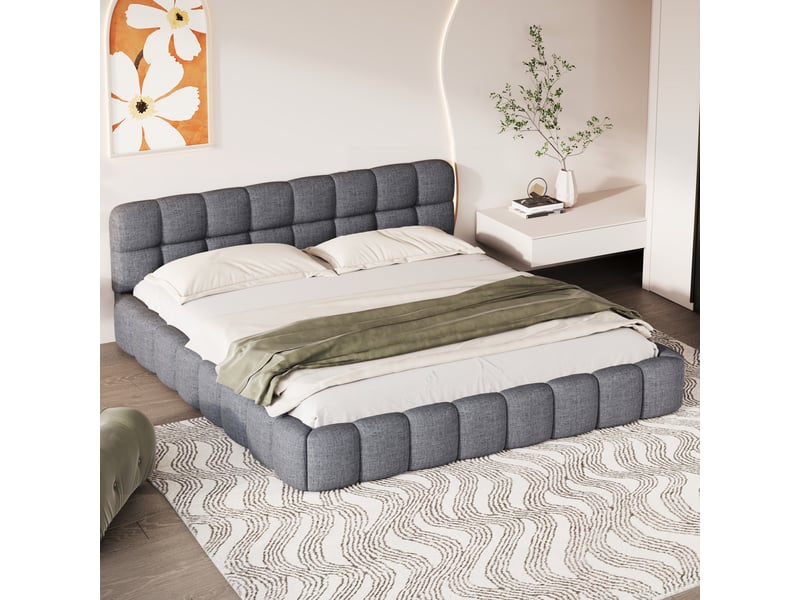  Lit double rembourré en tissu lin 140x190cm-gris - tête de lit capitonnée design et structure robuste  - Conforama E