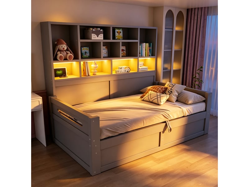  Lit banquette simple 90×200 cm avec coffre hydraulique, led et prises - okmyhome- gris, sans matelas, mdf  - Conforama B