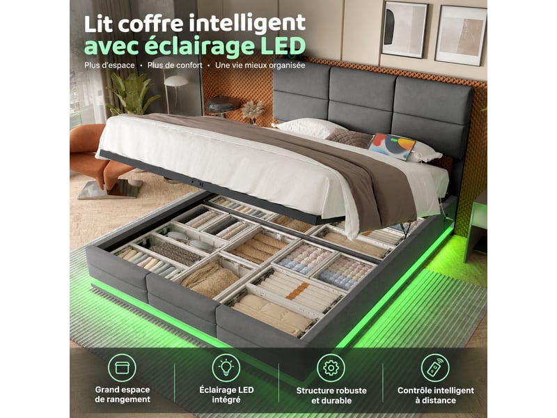  Lit coffre 160x200 en velours gris, tête de lit réglable, éclairage led, ports usb et usb-c, rangement hydraulique  - Conforama B