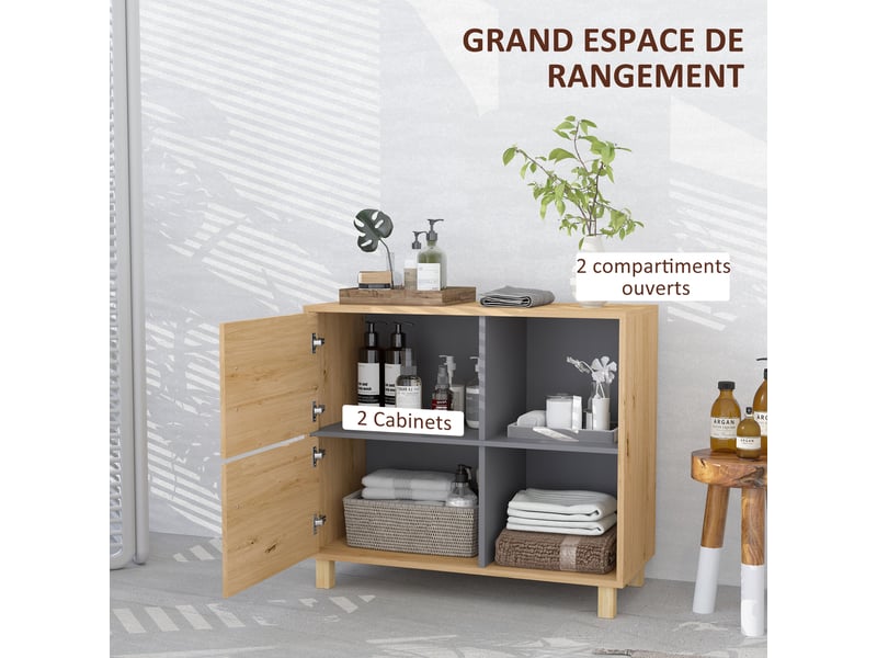  Meuble de salle de bain, meuble de rangement avec compartiments ouverts et placard, dim. 80 x 35 x 70 cm, bois naturel  - Conforama D