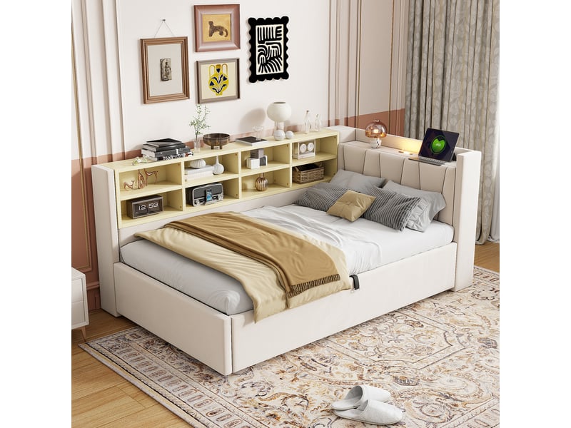  Canapé-lit 90*200 cm avec rangement hydraulique, veilleuse, usb et type-c, étagères, velours beige  - Conforama D