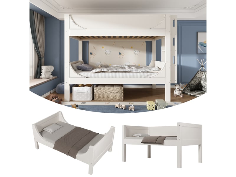 Lit superposé 90x200 cm 2 couchages avec échelle, mdf et bois, blanc, matelas non inclus - Conforama B