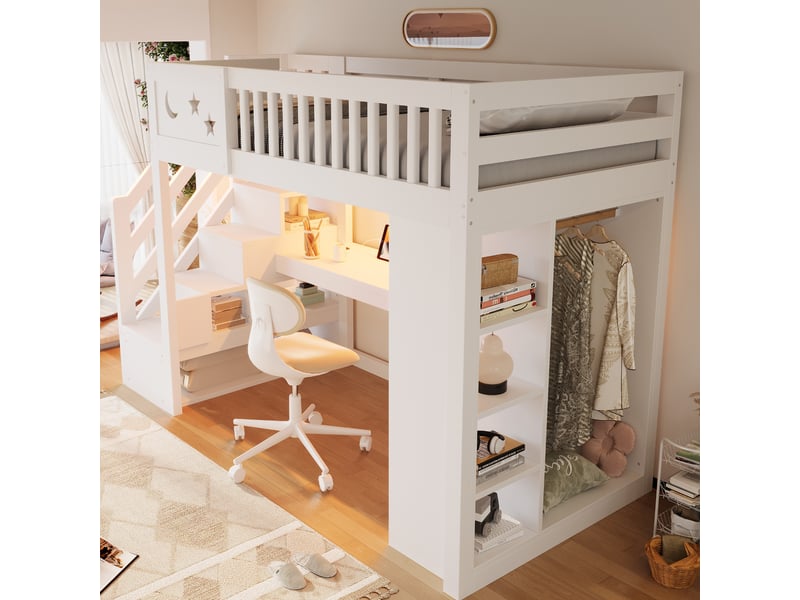 Lit mezzanine 90 x 200 cm avec bureau, rangement, éclairage led et armoire ouverte, blanc  - Conforama R