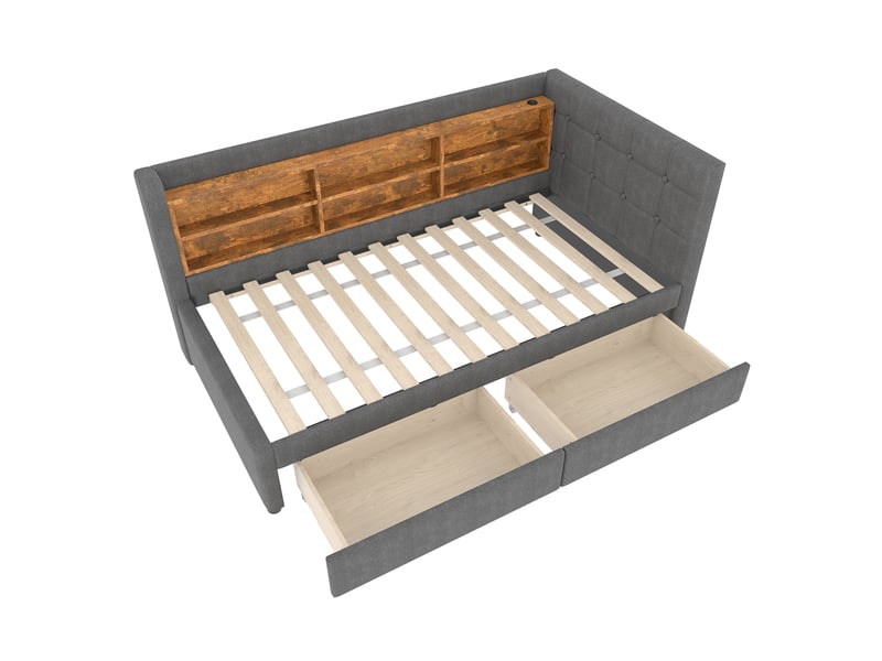  Lit banquette gris 90x200 cm avec 2 tiroirs, rangements, usb et type-c  - Conforama D