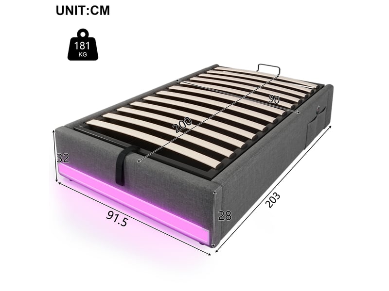  Lit capitonné 90*200cm, gris, sans matelas, led, usb type-c, rangement latéral, relevage hydraulique  - Conforama B