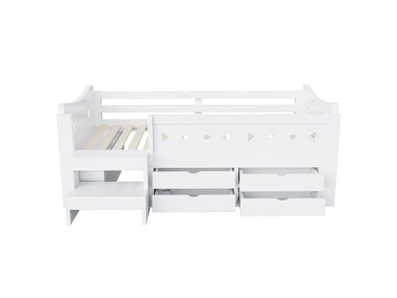  Lit jeune 90×200 cm blanc, lit enfant avec rangements, tiroirs, barrières de sécurité et éclairage led intégré, lit fonctionnel pour chambre d’enfant  - Conforama A