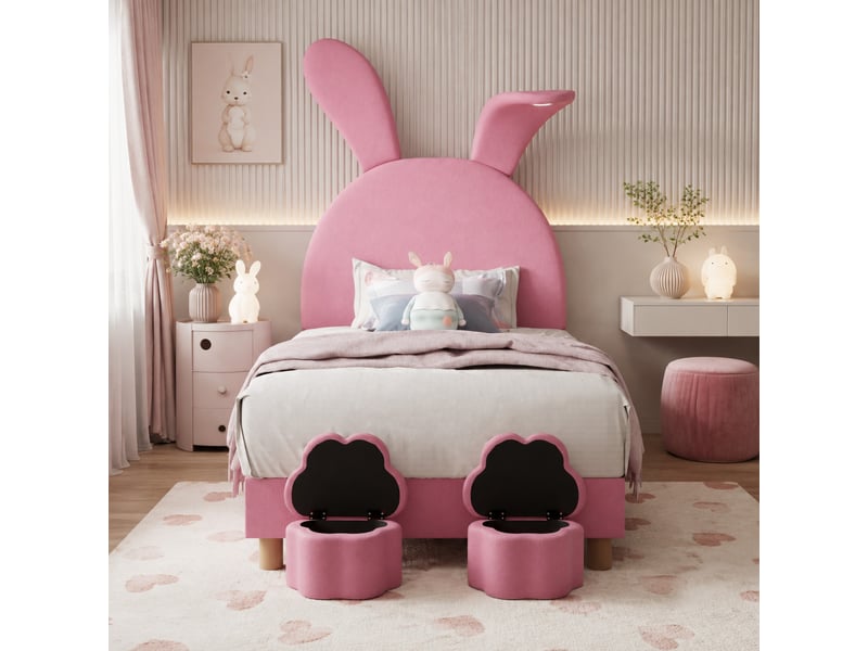  Lit 1 place 90x200 cm avec led, rangement et oreilles de lapin rose  - Conforama B