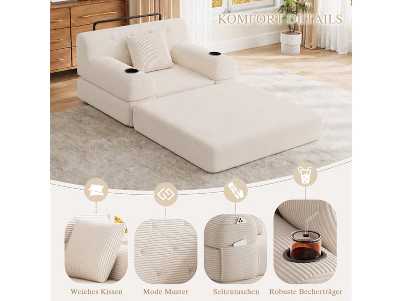  Canapé droit 1 place beige en velours côtelé avec haut dossier et rangement latéral intégré pour salon moderne  - Conforama W