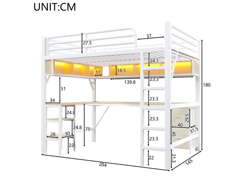 Lit mezzanine gamer 140 x 200 cm, métal, bibliothèque, bureau, armoire, usb, led, blanc - Conforama D