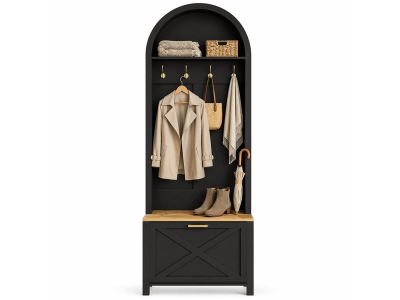 Meuble d'entrée avec patères, rangement à chaussures et tablette, en mdf couleur bois et noir, 75 × 35 × 195 cm  - Conforama A