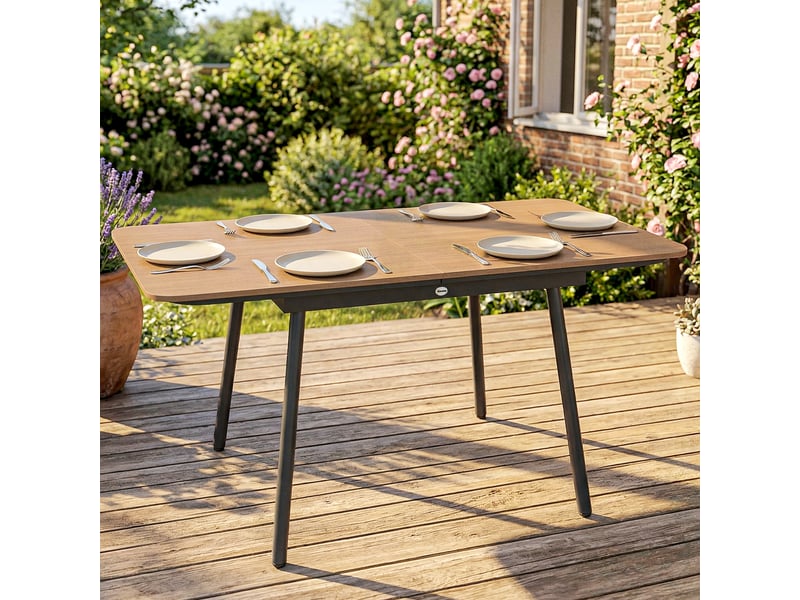  Table de jardin 140 x 80 cm pour 6 personnes, table de repas d'extérieur résistante à la rouille avec plateau en wpc, pieds réglables, teck  - Conforama C