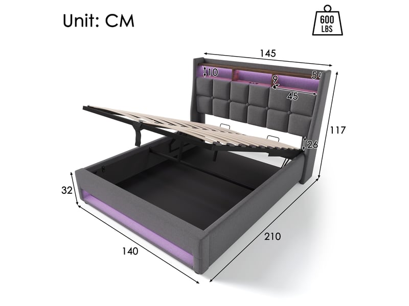  Lit coffre 140x200 cm, rangement hydraulique, éclairage led, usb, sommier à lattes, style vintage, gain de place pour chambre - gris  - Conforama C