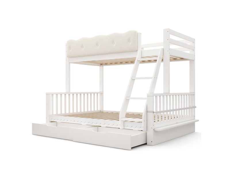 Lit superposé 90 x 200 140 x 200 cm, motif « nuage », avec barrières de sécurité, tiroirs et porte-revues, blanc - Conforama R