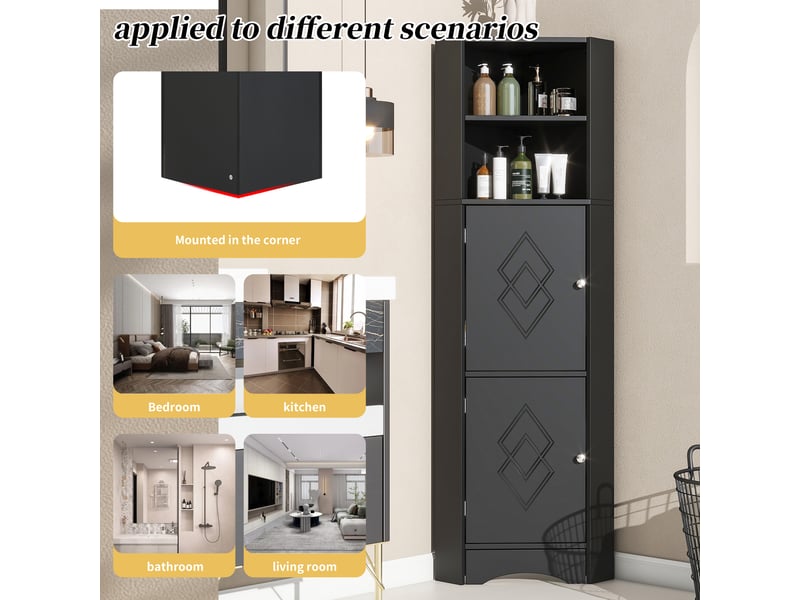  Colonne sdb 36,5x10x155 cm, meuble d'angle avec rangement, étagère réglable et portes, aggloméré, noir  - Conforama D