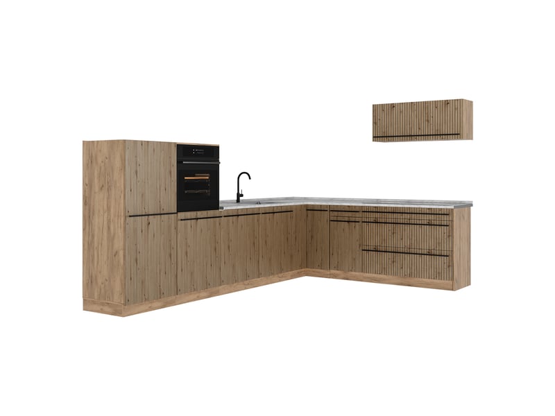  Vicco cuisine en angle, chêne artisanchêne doré, 327 x cm plan de travail marbre  - Conforama A
