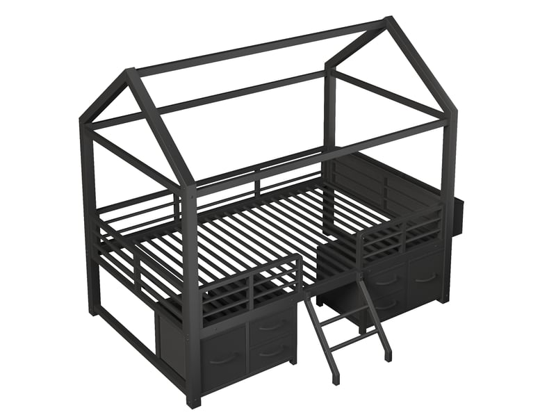  Lit mezzanine enfant 90 x 200 cm noir en métal et mdf, toit maison avec led et tiroirs de rangement  - Conforama D