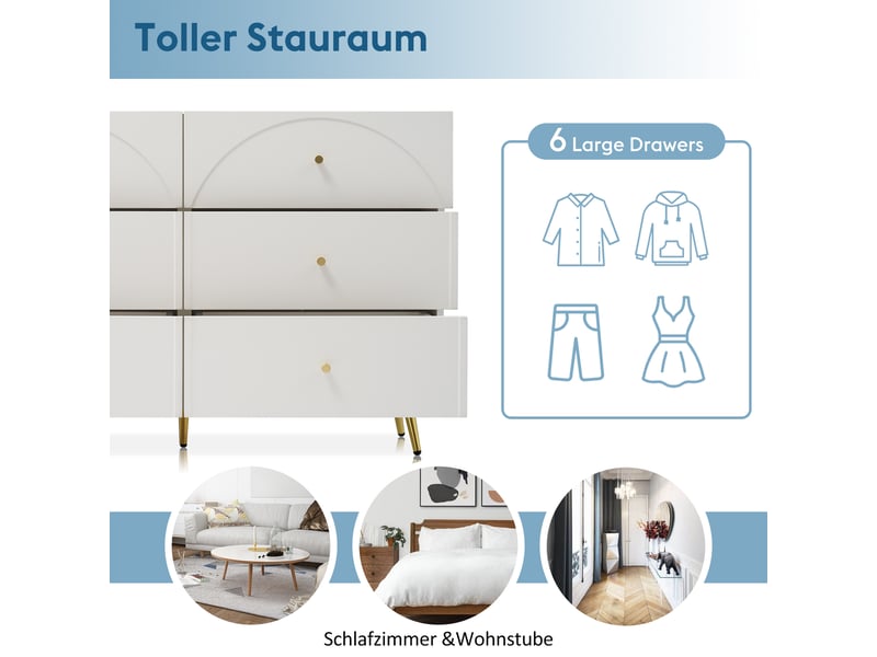  Commode avec 6 tiroirs à façades cintrées, pied réglable pour chambre en bois et métal, 120×40×85 cm crème et blanc  - Conforama E