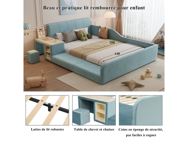  Lit rembourré enfant 140 x 200 cm, bureau et tabouret, étagère, tête de lit souple, sommier à lattes et espace de travail, velours bleu evarich - Conforama D