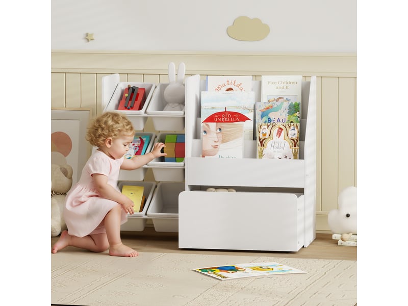  Meuble rangement enfant rangement jouet enfant 6 bacs amovibles et grand coffre à roulettes blanc 100 x 30 x 80 cm  - Conforama B
