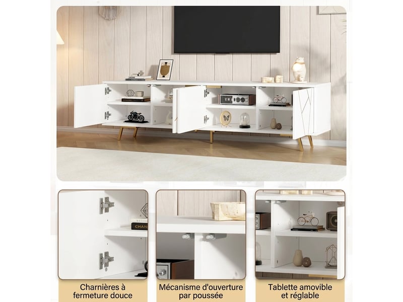  Meuble tv 190 cm pour téléviseur 85 pouces, meuble tv blanc et or avec 4 portes et étagères  - Conforama R