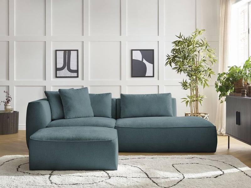  Bobochic canapé droit fixe 3 places leopold tissu texturé avec pouf bleu foncé  accoudoir gauche LEOPOLD - Conforama D