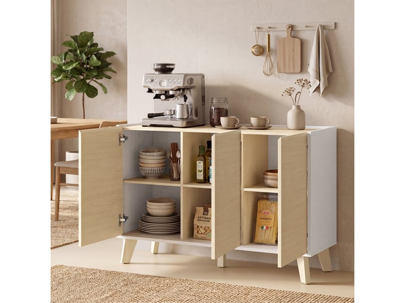  Buffet de 120 cm de large avec mécanisme de fermeture amortie et portes aspect bois et blanc.  - Conforama C