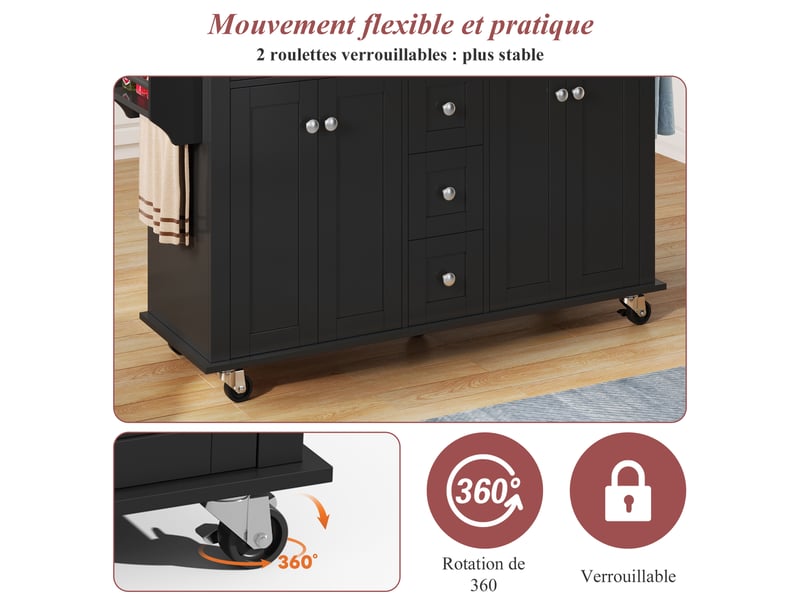  Desserte de cuisine extensible 120x65 cm avec plan de travail rabattable, 5 tiroirs et placards, mdf, noir et naturel  - Conforama R