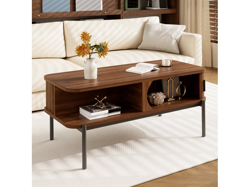  Table basse rectangulaire 100 x 45 x 43 cm – bois foncé – rangement avec portes coulissantes  - Conforama D
