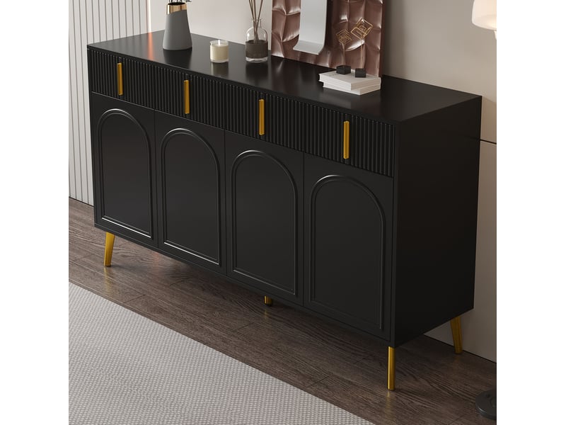  Buffet noir en mdf 140 cm – 4 portes, 4 tiroirs et détails dorés  - Conforama C