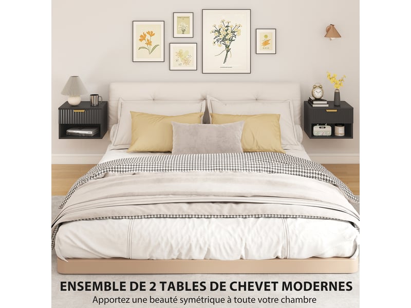  Lot de 2 tables de chevet suspendues, tables de nuit murales avec tiroir et niche, moderne, noir, 40x34x29cm  - Conforama A