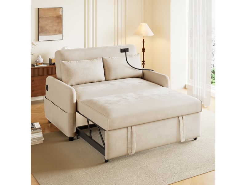  Canapé convertible 2 places en chenille avec fonction lit, dossier réglable 3 positions, support téléphone, usb et coussins inclus - beige  - Conforama C