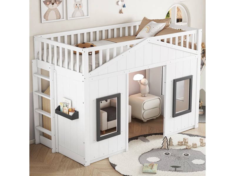 Lit mezzanine 90x200 cm, lit enfant avec escalier et barrières de sécurité, espace de jeu et étagère de rangement, bois de pin et mdf, blanc - Conforama B