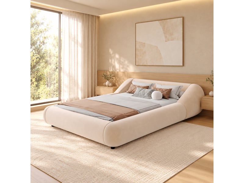  Lit 2 places 140x200 cm en velours avec tête de lit enveloppante, cadre flottant led, design arrondi moderne gris  - Conforama D