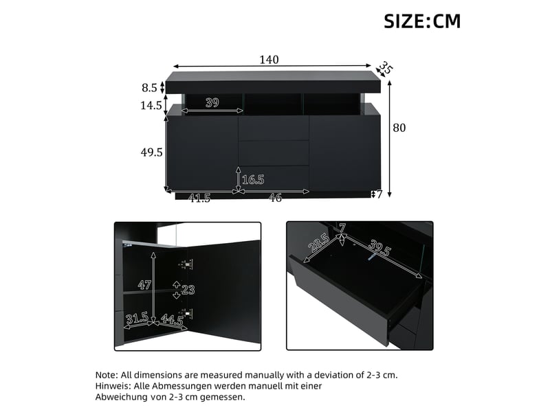  Buffet laqué moderne 140x35x80 cm, avec éclairage led réglable, 3 tiroirs, 2 portes battantes, plateau acrylique, noir  - Conforama C