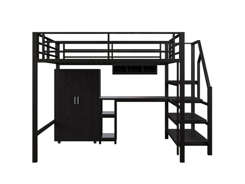 Lit mezzanine avec escalier 140x200 noir sans matelas avec armoire, étagères, échelle et bureau - Conforama C