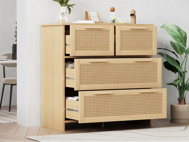  Armoire en rotin, 80 x 80 x 38 cm, 4 tiroirs et poignées en bois,  buffet marron  - Conforama B