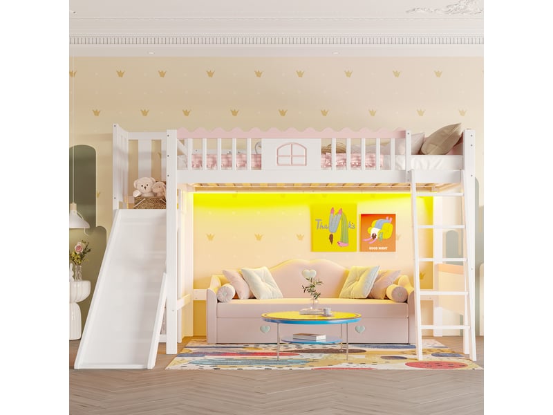  Lit surélevé 90x200cm blanc, led, toboggan, trois étagères, structure en pin, certifié en747, sans matelas  - Conforama C