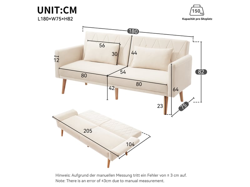  Canapé convertible, 180x75x82 cm, 2 places avec dossier réglable, velours, beige  - Conforama B