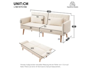 Canapé convertible, 180x75x82 cm, 2 places avec dossier réglable, velours, beige