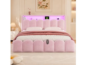 Lit coffre 180x200 cm, lit rembourré, led usb type-c, rangement hydraulique, design pétale, velours rose, sans matelas