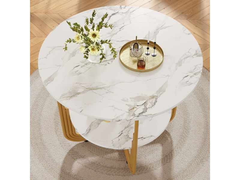 Table de cuisine 80x80, plateau marbre mdf table à manger, rangement intégré, pieds réglables  - Conforama D